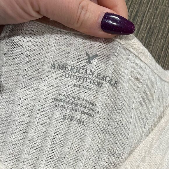 American Eagle Lace Up Crop Top Short Sleeve Soft Ribbed Knit Stretch Ivory S - Picture 2 of 4